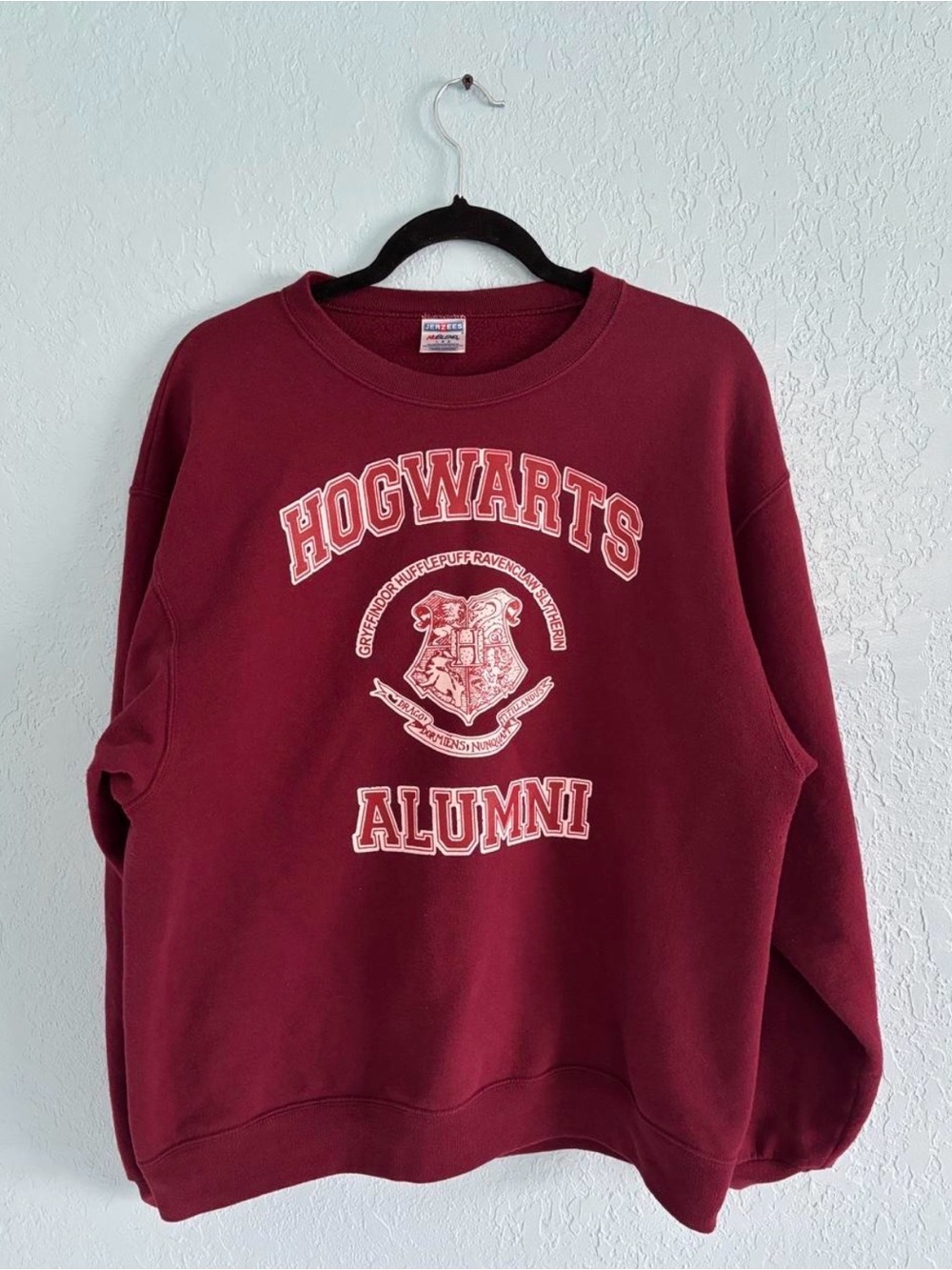 Jerzees Maroon Crewneck Sweatshirt with Crest Graphic